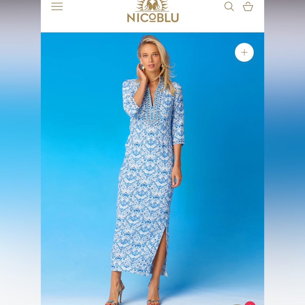 Blue Sheath Dress with Slit and Cuffed 3/4 Sleeves